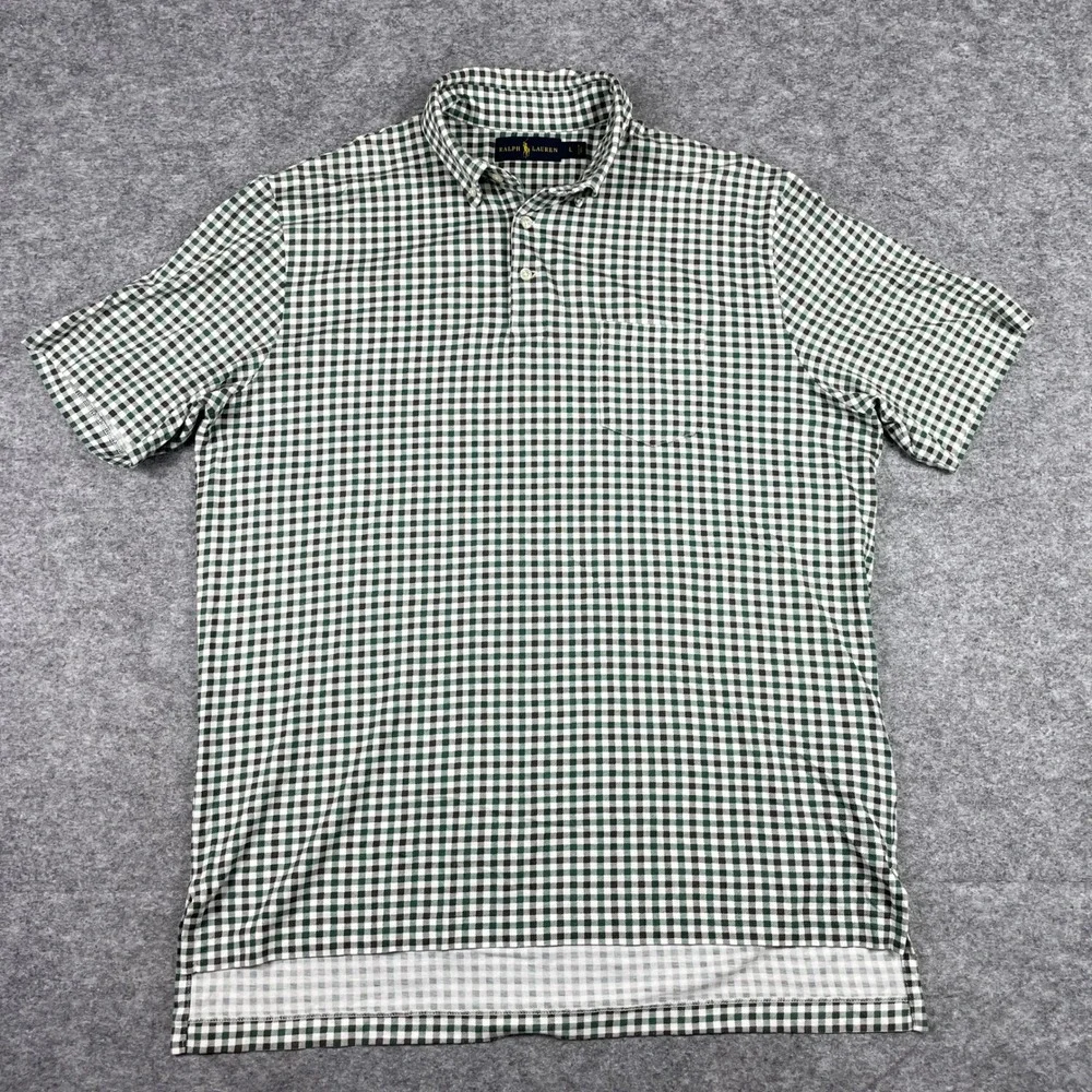 Ralph Lauren Polo Shirt Mens L Green Gingham Plaid Pima Cotton Modal Pocket